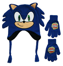 Face & Spikes tassle hat with blue gloves set