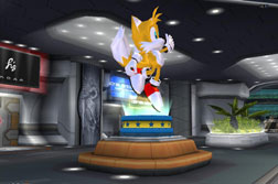 Tails statue above waiting benches